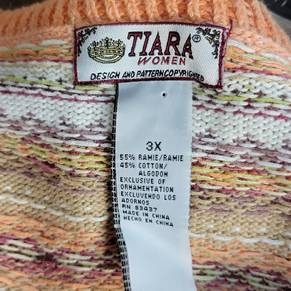 Vintage Tiara Fair Isle Knit Sweater Button Up Cardigan Orange Velvet Ribbon 3X - Picture 11 of 11